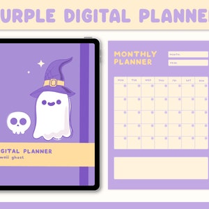 Söt digital kalender och klistermärken | Lila digital kalender för Goodnotes | Kawaii spökdig digital anteckningsbok för iPad