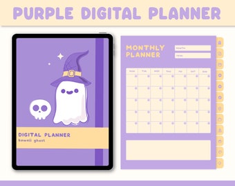 Cute Digital Planner and Stickers | Purple Digital Planner for Goodnotes |  Kawaii Ghost Digital Notebook for Ipad