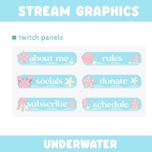 May include: Light blue "Stream Graphics" with "twitch panels" and "UNDERWATER" text. The image features six aqua-colored panels with underwater-themed illustrations and text: "about me", "rules", "socials", "donate", "subscribe", and "schedule".