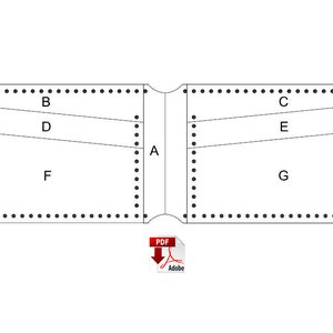 May include: A black and white line drawing of a leather wallet pattern with labeled sections A through G. The pattern is divided into two sections, with a dotted line down the center.