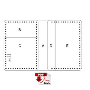 May include: A black and white line drawing of a leathercraft pattern with five sections labeled A, B, C, D, and E. The pattern includes a 5mm measurement.