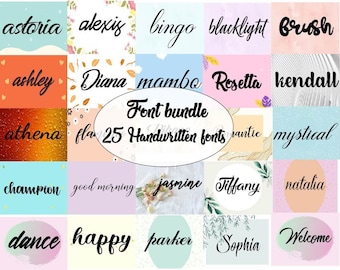 May include: A digital collage of 25 handwritten fonts, each displayed in a different color and pattern. The fonts are displayed in a grid format with the words "Font bundle" and "25 Handwritten fonts" in the center.