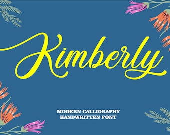 May include: A yellow handwritten font design with the word "Kimberly" in a modern calligraphy style. The text is set against a blue background with floral accents.