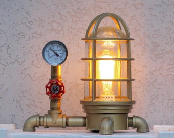 Industrial Gold Lamp: Steampunk Factory Style & Metal Gauge Decor