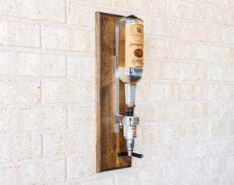 Wall Liquor Dispenser with Shot Pour: Whiskey Bottle Mount & Wooden Bar Decor