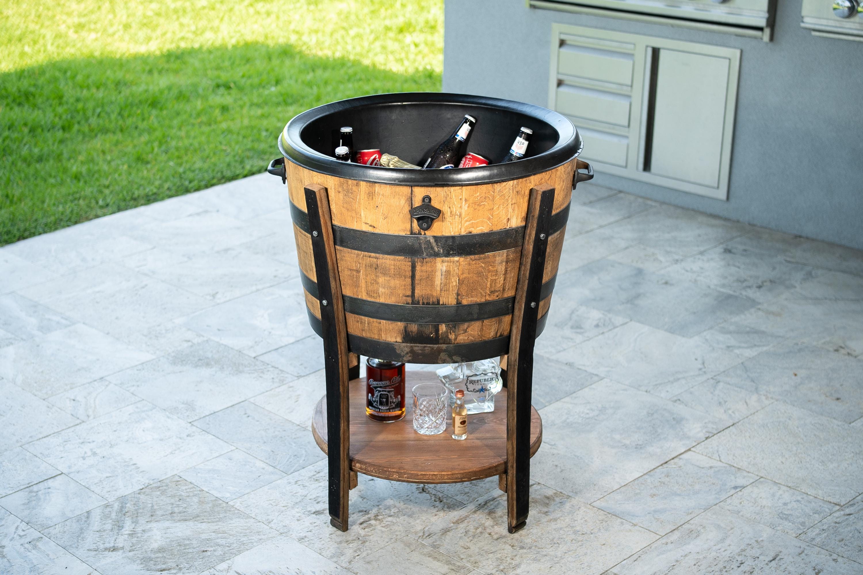 Rustic Wine Barrel Cooler: Wooden Bar Stand Whiskey Drink Table