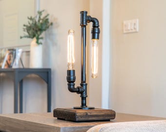 Industrial Pipe Lamp: Steampunk Dual Edison Lighting & Industrial Desk Decor