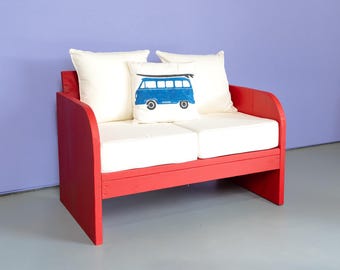 Modern Red Loveseat - Wood Sofa with Cushions | mancave Bench Seats