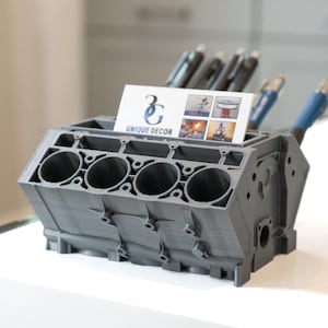 Chevy Engine Block Desk Organizer: Auto Pen & Business Card Holder