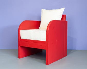 Modern Red Accent Chair - Handcrafted Wood Lounge Chair with Cushions