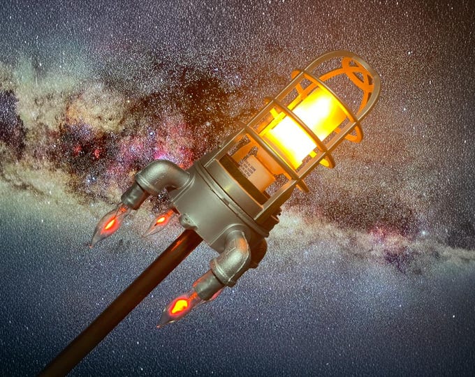 Space Rocket Lamp: LED Flame Effect & Burnt Wood Base