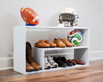 White Storage Shelf - Low Wooden Shoe Shelving Unit