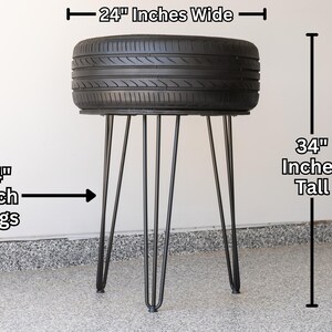 Bar-height tire table crafted from a real recycled tire, featuring a flush plexiglass top, solid wood base, and sturdy 24-inch metal legs, standing at 34 inches tall. This unique automotive table adds an industrial, modern touch to garages, man caves, bars, or home decor. Perfect as a high-top table, side table, or statement piece, it blends durability and style, making it a must-have for car lovers and those who appreciate repurposed furniture.