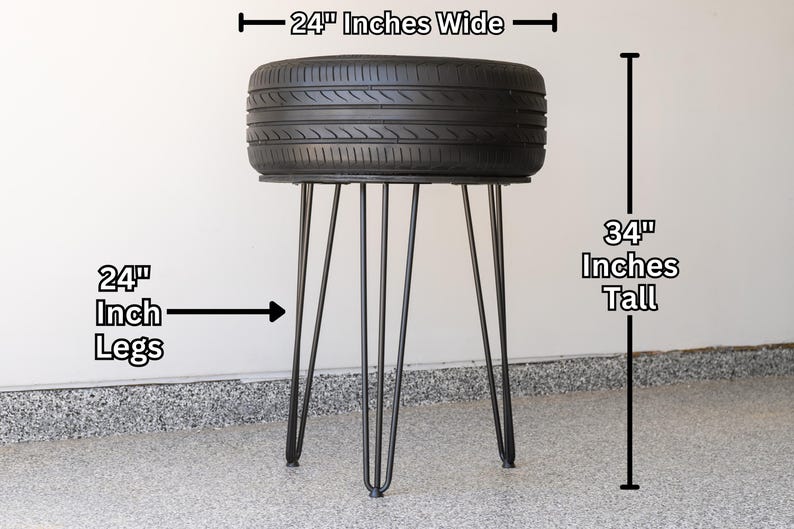 Bar-height tire table crafted from a real recycled tire, featuring a flush plexiglass top, solid wood base, and sturdy 24-inch metal legs, standing at 34 inches tall. This unique automotive table adds an industrial, modern touch to garages, man caves, bars, or home decor. Perfect as a high-top table, side table, or statement piece, it blends durability and style, making it a must-have for car lovers and those who appreciate repurposed furniture.
