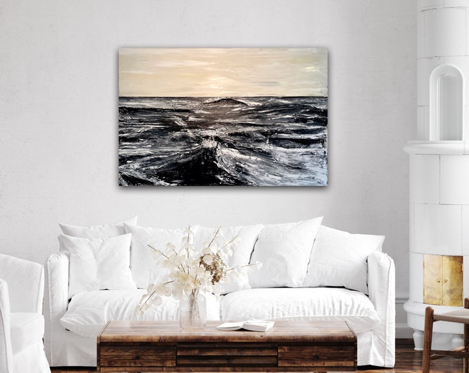 Rough Waters: Black and White Large Painting Textured and Oversized Large Abstract Black and White Painting on Canvas