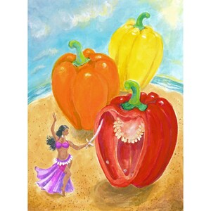 Cartes de voeux Peppers, femmes dansant avec des légumes, 5 x 7 pouces une fois pliées, charmant cadeau avec enveloppe