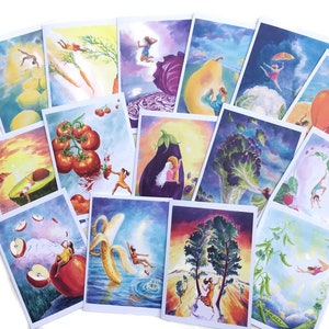 Juego de 15 tarjetas de felicitación, serie Mujeres bailando con verduras, elige tu propio y encantador regalo