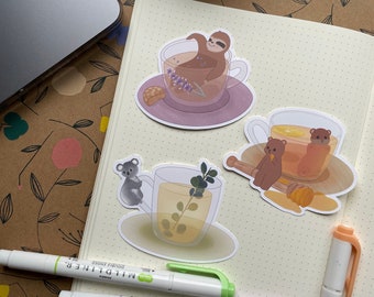 Afternoon Tea Animal Vinyl Stickers | 3 Sticker Pack | Matte Vinyl Sticker | Glossy Vinyl Sticker | Cute Animal Stickers