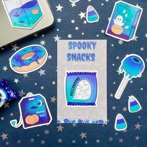 Spooky Snacks Vinyl Stickers | Halloween-vinylstickers | 6 Stickerpakket | Matte vinylsticker | Glanzende vinylsticker