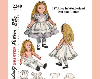 18" Alice In Wonderland Doll and Clothes Pattern Simplicity 2240 PDF Digital Download Printed on 8-1/2x11" Paper