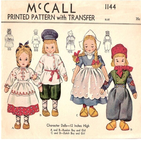 12" Doll Pattern and Doll Clothes Pattern Russian & Dutch Boys and Girls Cloth Doll Pattern McCall 1144 PDF Instant Download