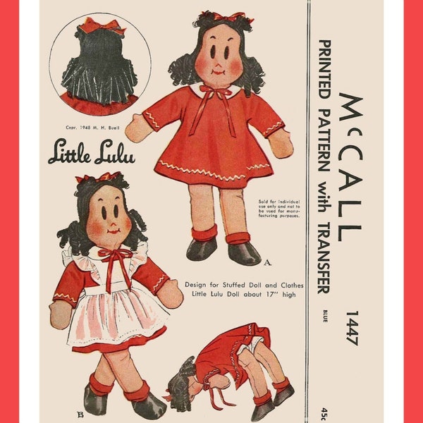 17" Little Lulu Doll and Clothes Pattern McCall 1447 Vintage Comic Book Doll Sewing Pattern PDF Digital Download
