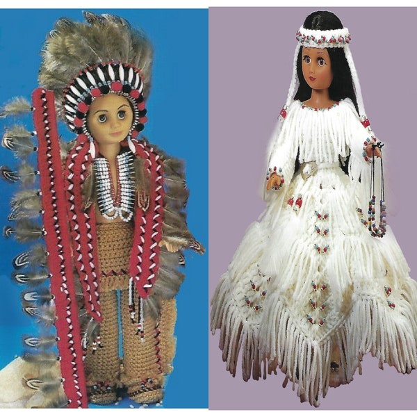 Vintage Crochet Pattern Indian Chief & Indian Princess Doll Clothes PDF Instant Download DIY Doll Clothes Printed on 8-1/2x11" Paper