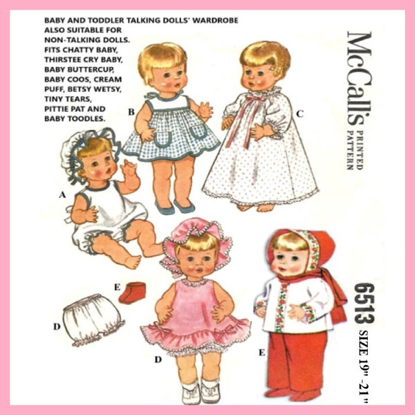 19" - 21" Baby Doll Clothes Pattern McCall's 6513 Baby Dolls, Chatty Baby, Betsy Wetsy, Tiny Tears Vintage Pattern PDF Digital Download