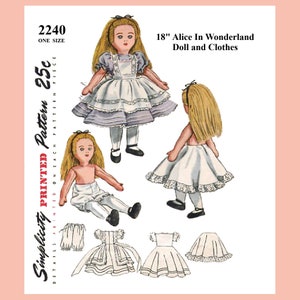 18" Alice In Wonderland Doll and Clothes Pattern Simplicity 2240 PDF Digital Download Printed on 8-1/2x11" Paper