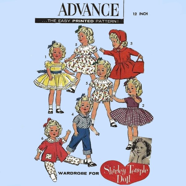 12" Doll Clothes Shirley Temple Doll Clothes Advance 8813 Vintage Pattern PDF Digital Download on A4 Paper