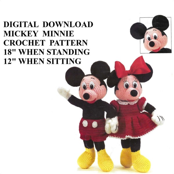 Mickey Mouse & Minnie Mouse Doll Pattern, Vintage Crochet Pattern PDF Instant Download Pattern Printed on 8-1/2x11" A4 Paper