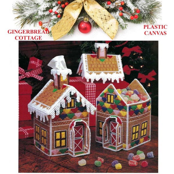 Enchanted Cottage Gingerbread House Plastic Canvas Pattern Tissue Box Cover PDF Instant Download Printed on 8-1/2x11" A4 Paper