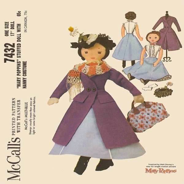 Mary Poppins Doll Pattern and Doll Clothes Pattern McCall's 7432 PDF Instant Download Printed on 8-1/2x11" A4 Paper