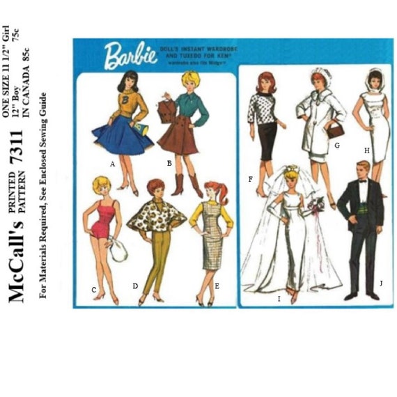 Barbie Midge and Ken Doll Clothes Sewing Patterns Reproduced McCalls 7311 