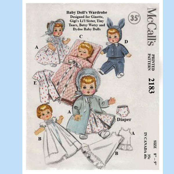 8" - 9" Baby Doll Clothes Pattern McCalls 2183 Chubby Baby Doll Wardrobe