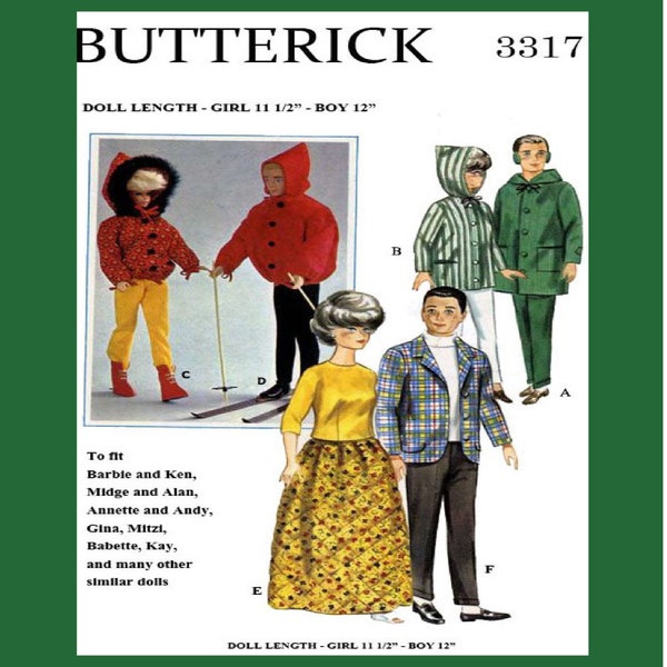 Barbie and Ken Doll Clothes Pattern Butterick 3317 Winter Clothes, Dress Clothes Digital Download