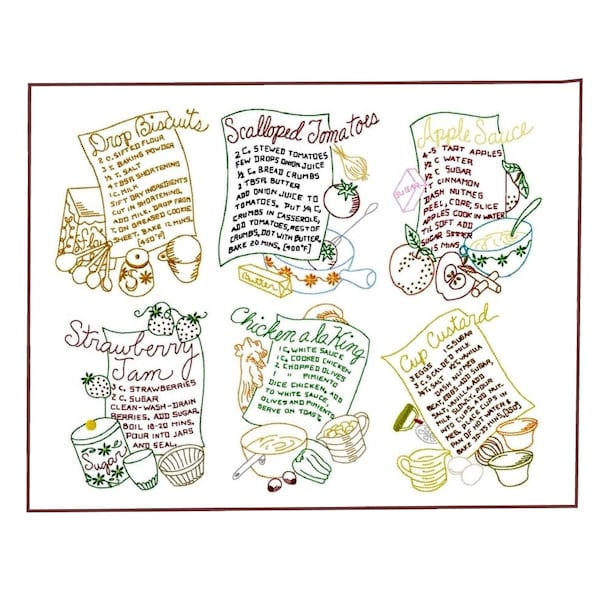 Hand Embroidery Recipe Dish Towels Design 7598 Strawberry Jam, Biscuits, Apple Sauce and More Vintage Pattern PDF Instant Download