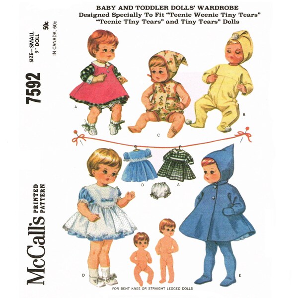 9" Baby Doll Clothes Pattern McCall's 7592 Vintage Pattern, Sewing Pattern, 9" Tiny Tears Wardrobe, PDF Download Printed on A4 Paper