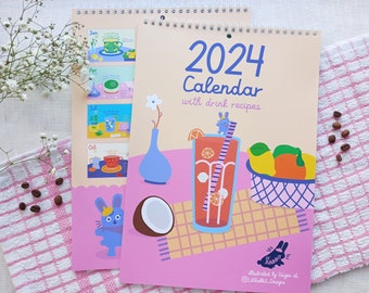 2024 Wall Calendar, Illustrated Drink Recipes Calendar, Cute A4 Planner, Gift For Her Wall Decor, Cute Monthly Hanging Calendar