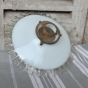 Small glass shade/Art deco frilly edge glass ceiling shade/French vintage white opaline & clear glass light shade/Ancien abat-jour en verre