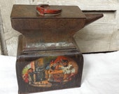 1911 Anvil biscuit tin Antique Macfarlane Lang anvil tin Farrier shoeing horse forging horse shoe. Collectible tin. Hudson Scott Sons