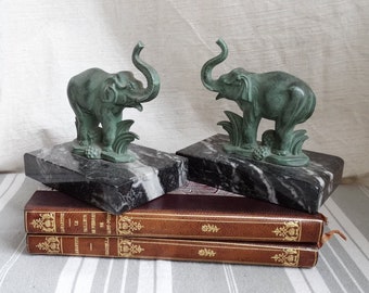 Elephant bookends/French marble based bookends/Verdigris green elephant bookends/Antique desk ornament/Library decoration/Study decoration