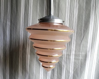 Art deco cone light shade/Frosted pink & gold glass shade/Bathroom ceiling shade/Pink glass shade/Vintage lighting/Pink/gold pendant shade