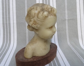 Portrait d'enfant buste en cire/Tête en cire antique signée Vernet Edit /Statue buste d'enfant en cire début 20ème