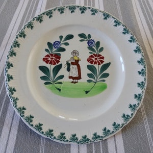 St Amand plate/Woman knitting/Antique picture plate/French faience/Collectible plate/Cabinet display/Wall decor/Sewing room decoration