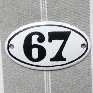 Enamel 67 drawer number/Vintage French white & black number/Oval Enamel 67 plaque/Locker number plaque/Plaque numéro 67/Table number