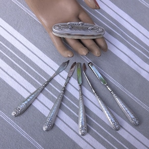 Antique manicure set with silver plated handles/Decorative 1900s nail care tools/French ladies grooming set/Nail buffer & tools/Gift for her