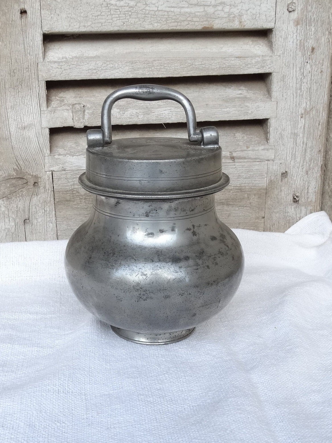 Antique pewter broth pot/Pewter bouillon pot/Soustenteur etain  ancien/Invalid food container/French medical pewter/Broth warming vessel