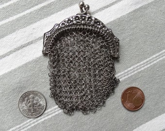 Silver chatelaine coin purse/Silver mesh purse/Antique French chainmail purse/Ribbon & bow pattern/Silver link purse/Kiss fastener/Imperfect