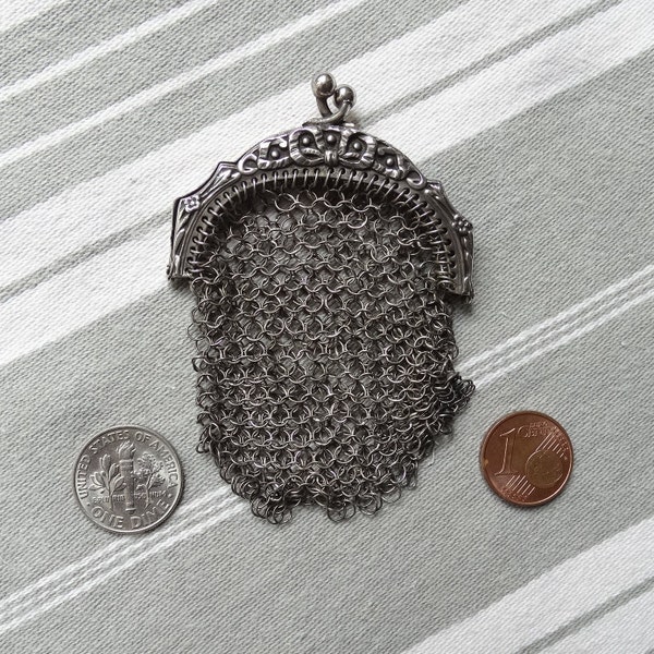Silver chatelaine coin purse/Silver mesh purse/Antique French chainmail purse/Ribbon & bow pattern/Silver link purse/Kiss fastener/Imperfect